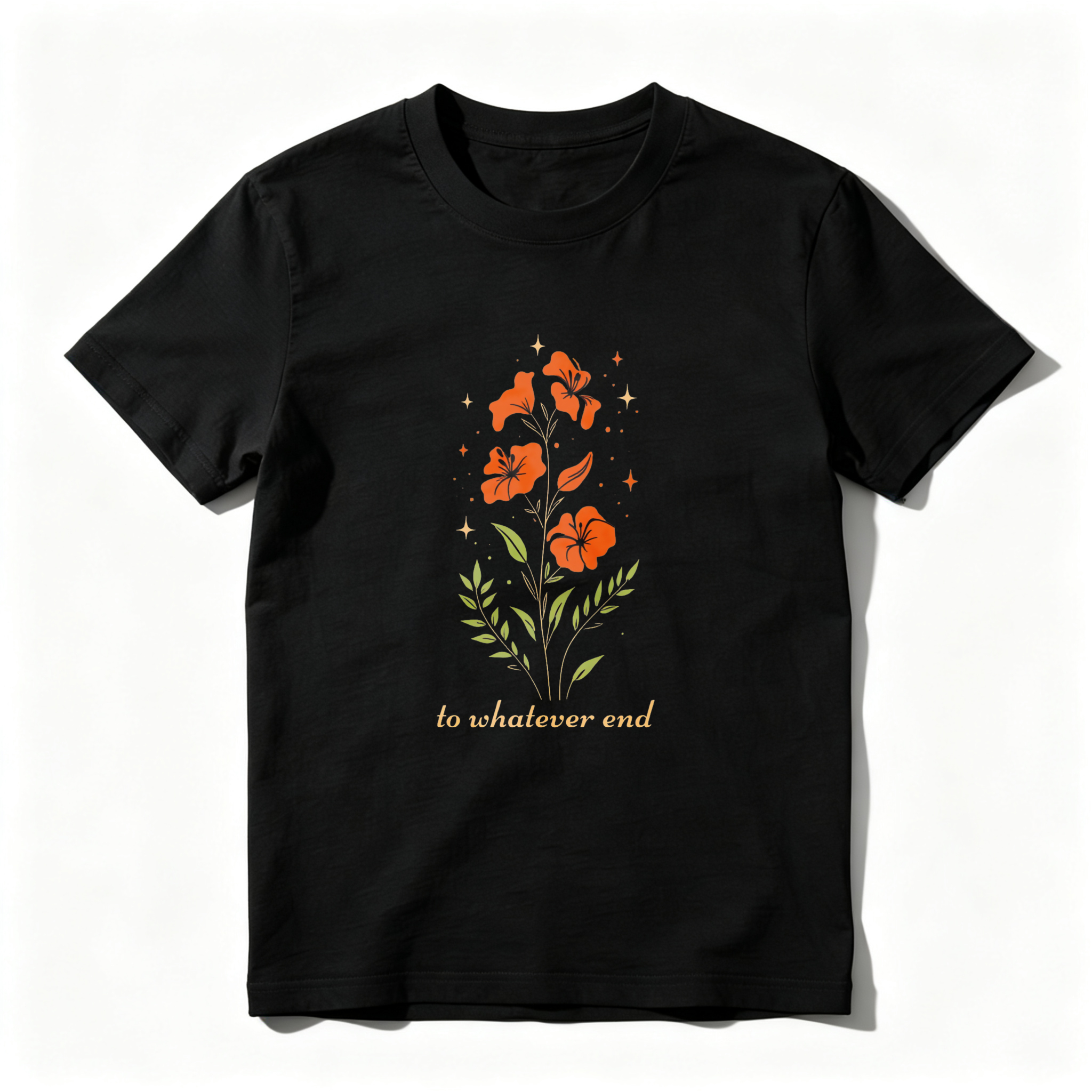 Wardrobecart Orange Flowers With Green Leaves And Stars tshirt