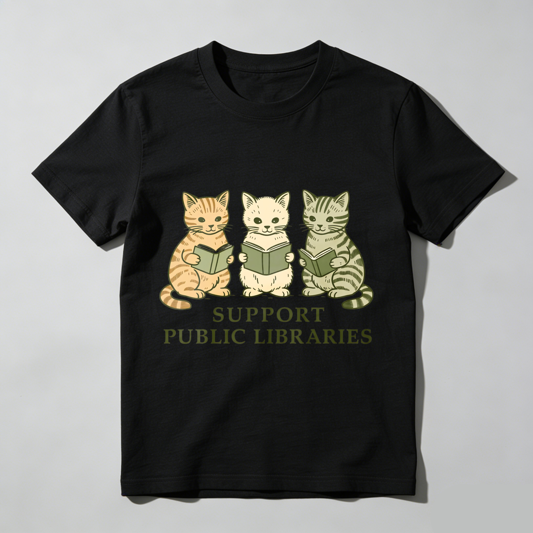 Wardrobecart Three Cats Reading Books Support Public Libraries Tshirt
