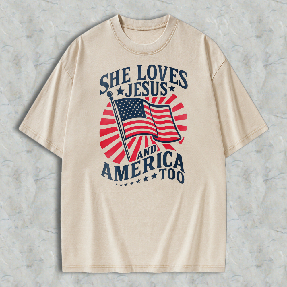 She Loves Jesus And America Too American Flag Design Washed T-shirt
