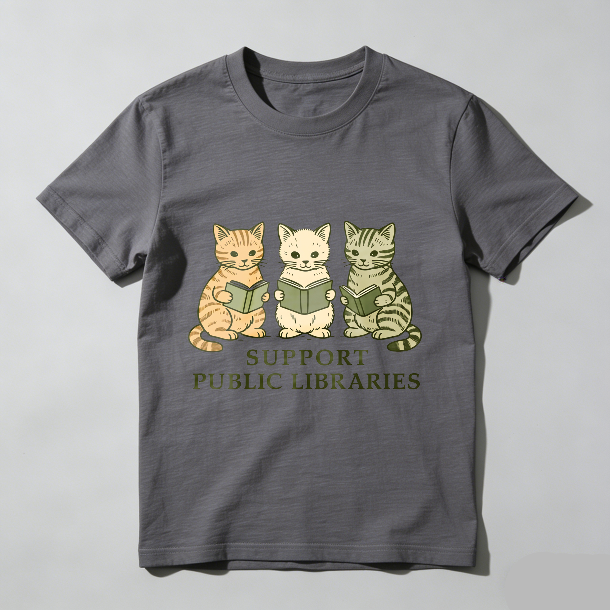 Wardrobecart Three Cats Reading Books Support Public Libraries Tshirt