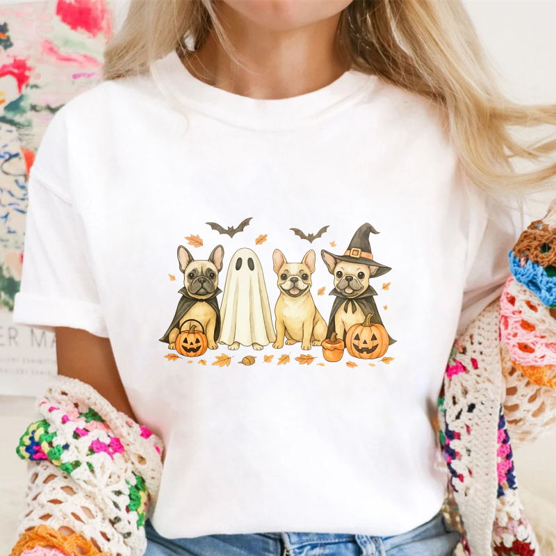 Cute Halloween French Bulldog Ghost Witch Pumpkin Bat Autumn Leaves, Unisex Classic T-shirt