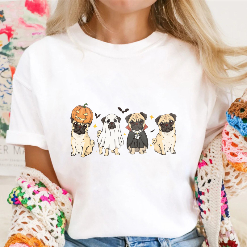 Halloween Pugs In Pumpkin Ghost And Vampire Costumes With Bats, Unisex Classic T-shirt