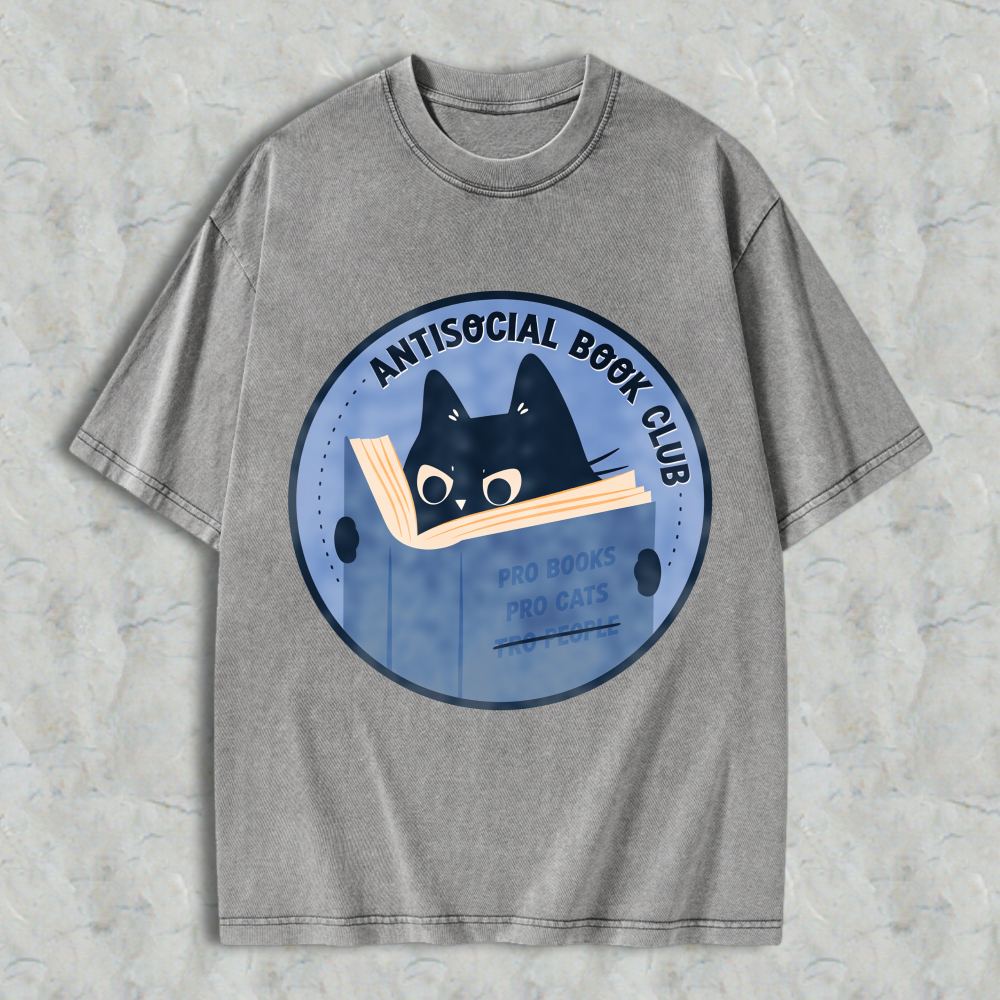 Wardrobecart Antisocial Book Club Cat Reading Book Design Unisex Washed T-shirt