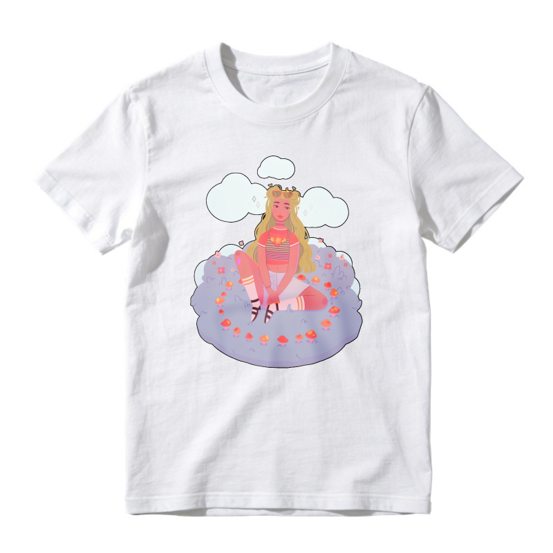 Cartoon Girl Sitting On Cloud With Flowers And Stars, Unisex Classic T-shirt