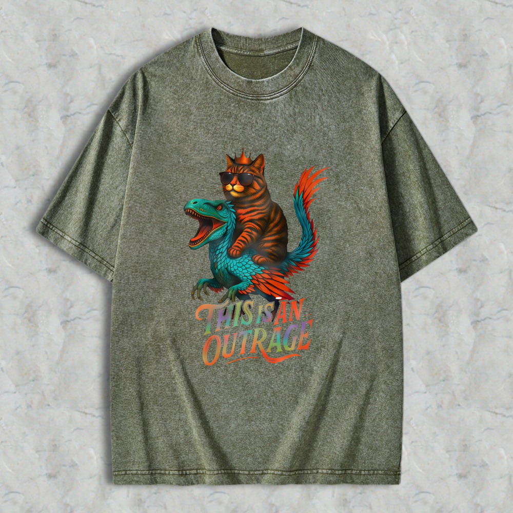 Wardrobecart Cat Riding Dragon This Is An Outrage Unisex Washed T-shirt