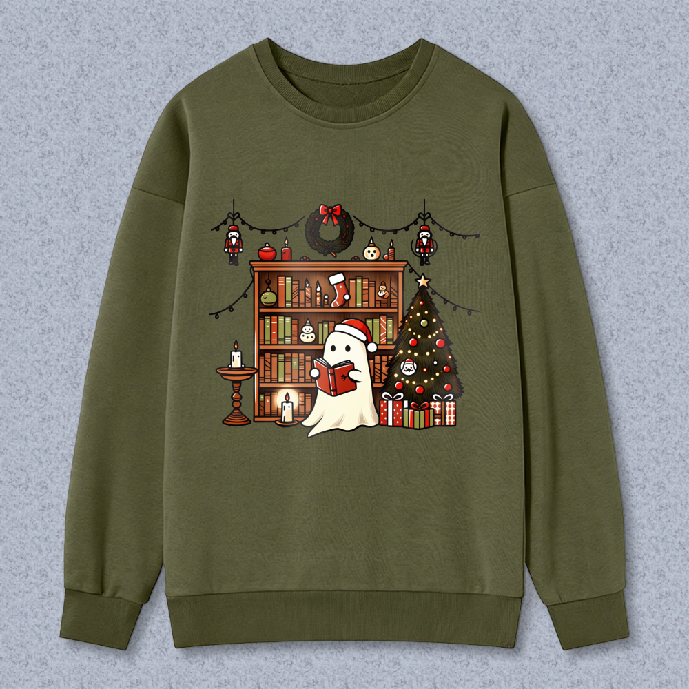 Wardrobecart Ghost Reading Book Christmas Tree Bookshelf Holiday Decor Unisex Classic Sweatshirt