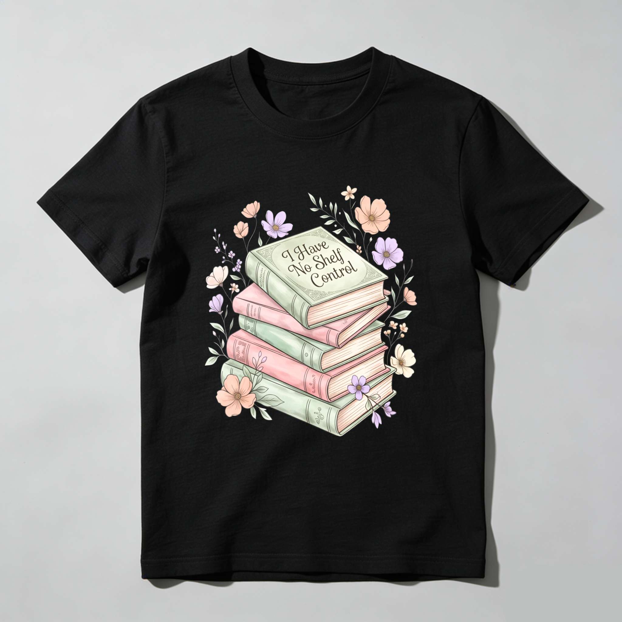 Wardrobecart Stacked Books With Floral Design And I Have No Shelf Control Text Unisex Classic T-shirt