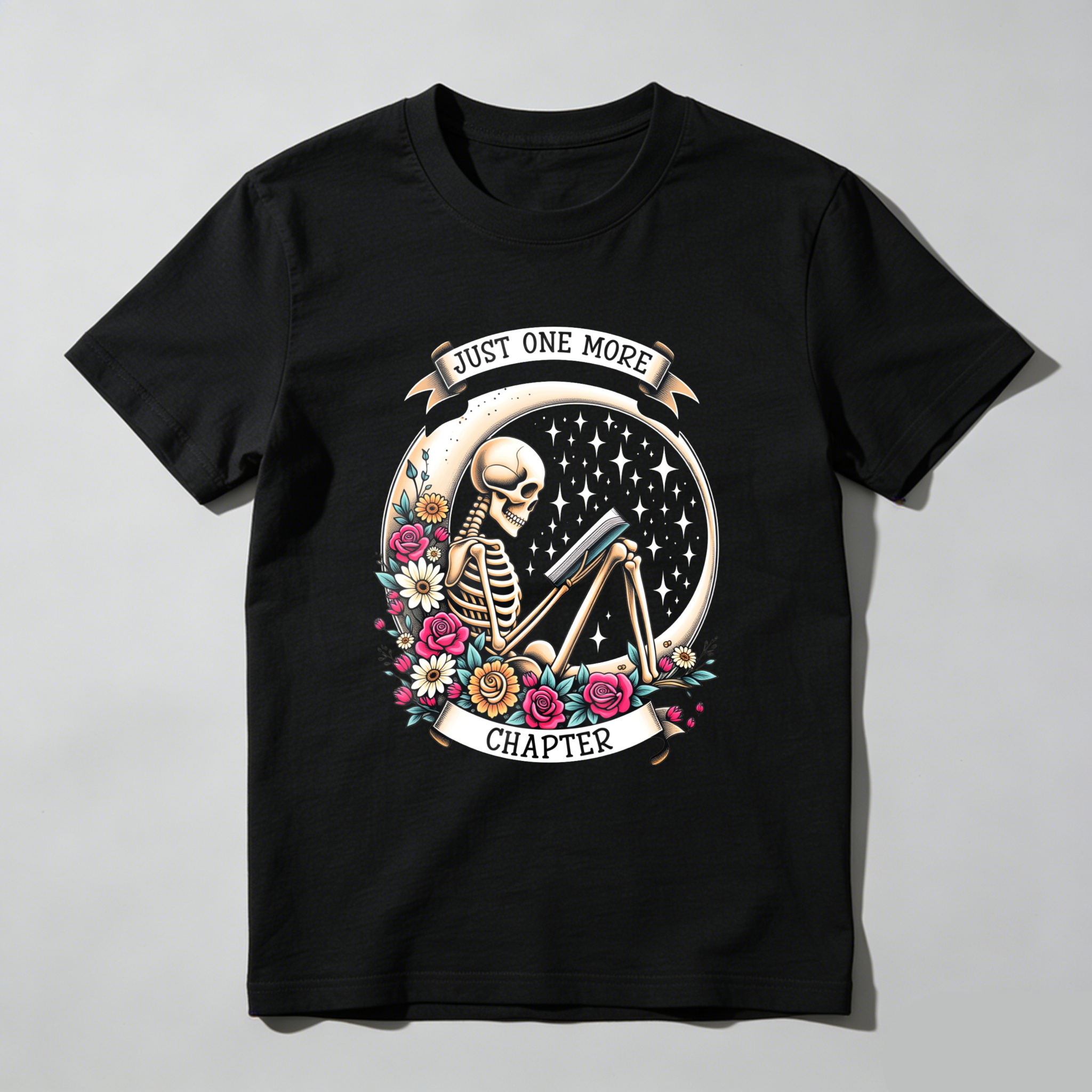 Wardrobecart Skeleton Reading Book With Flowers And Stars Tshirt