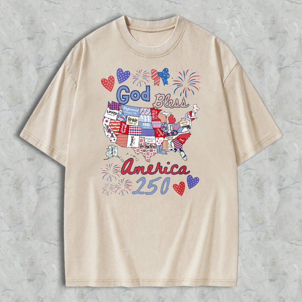 God Bless America 250 Usa Map With Patriotic Symbols And Fireworks Washed T-shirt