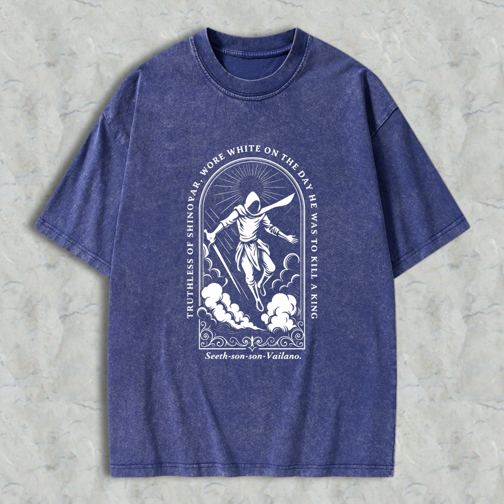 Wardrobecart Reaper With Sword And Scythe Standing On Clouds In Arch Design With Quote Truthless Of Sinovar Wore White On The Day He Was To Kill A King Seeth Son Son Vailano Unisex Washed T-shirt