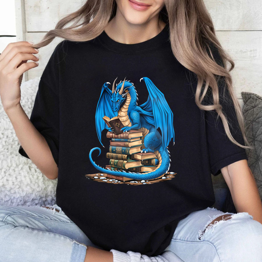 Wardrobecart Blue Dragon Reading Books Stack Tshirt