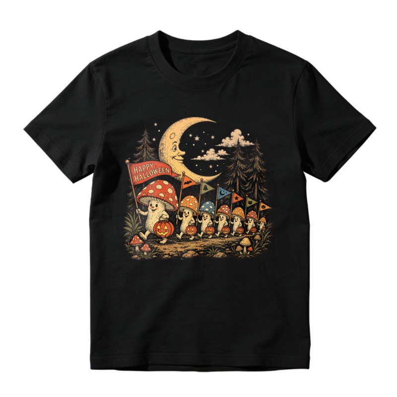 Cute Mushroom Ghosts Halloween Parade Under Crescent Moon, Unisex Classic T-shirt
