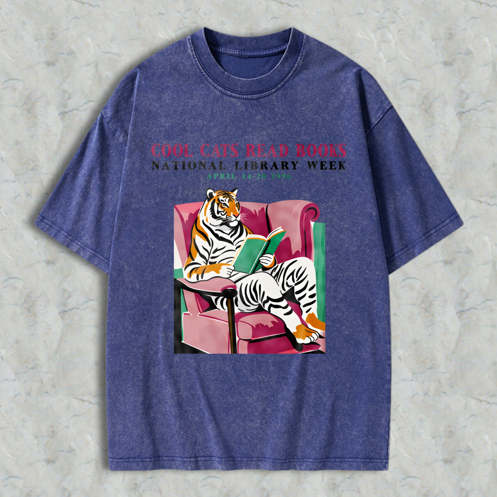 Wardrobecart Tiger Reading Book On Couch Cool Cats Read Books Unisex Washed T-shirt
