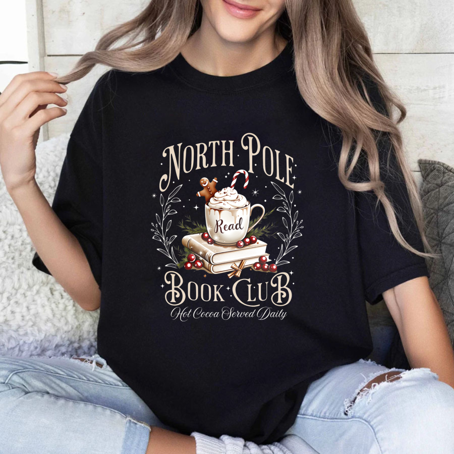 Wardrobecart North Pole Book Club Hot Cocoa Served Daily Tshirt