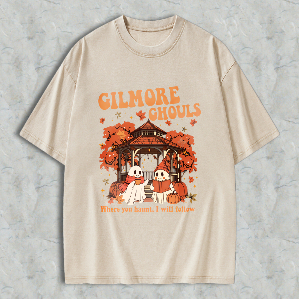Wardrobecart Gilmore Ghouls Halloween Ghosts And Pumpkin House Design Unisex Washed T-shirt