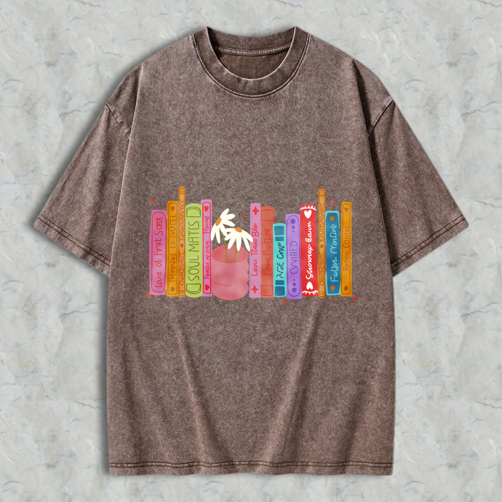 Wardrobecart Colorful Bookshelf With Potted Plant And Book Titles Unisex Washed T-shirt