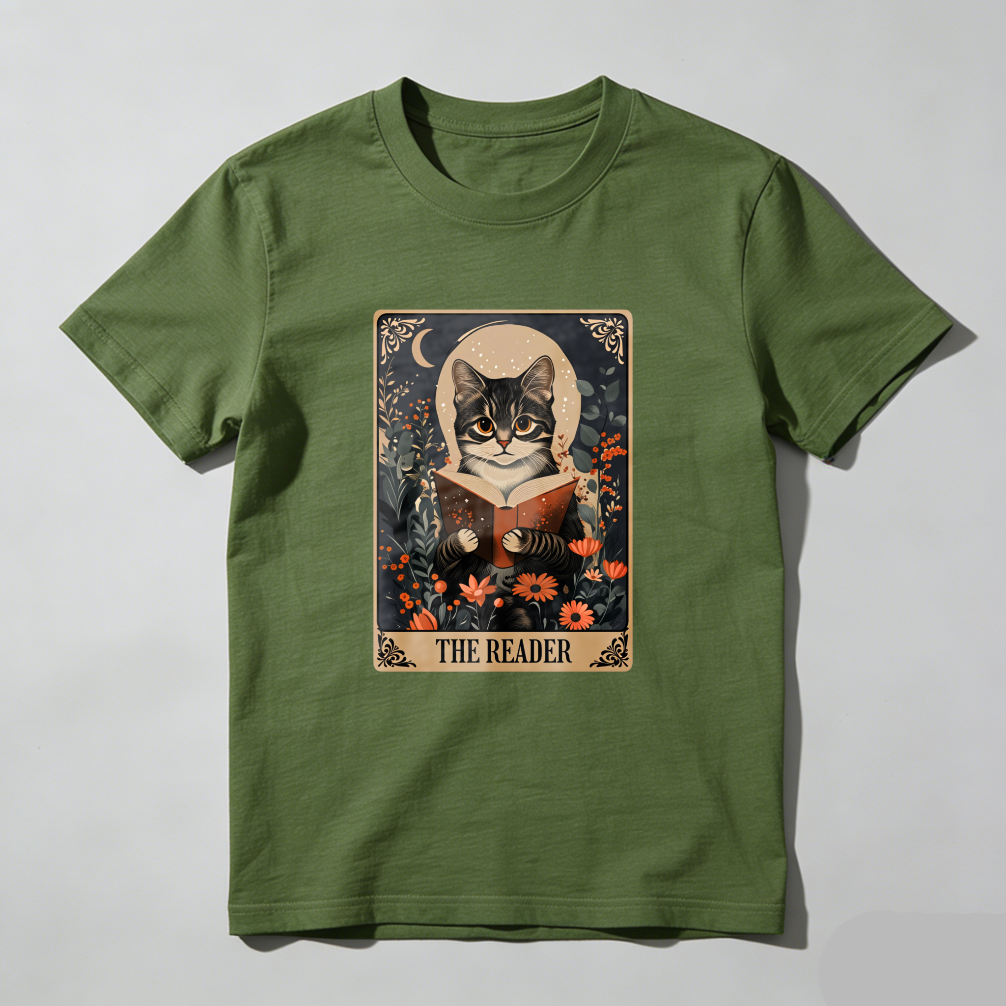 Wardrobecart Cat Reading Book Floral Moon Design Tshirt