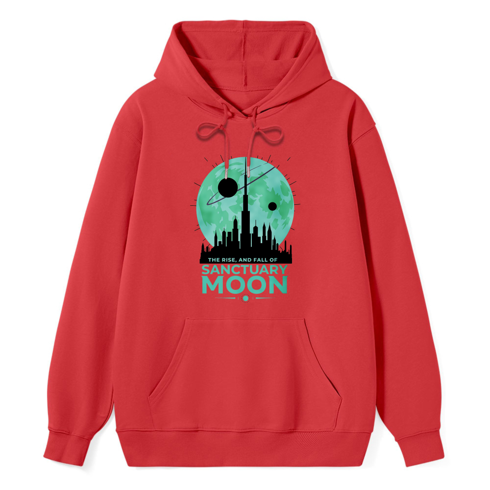 Wardrobecart Sanctuary Moon Cityscape With Planet And Text The Rise And Fall Of Sanctuary Moon Unisex Classic Hoodie