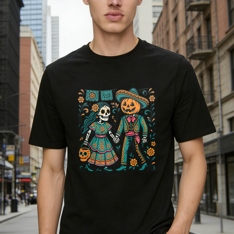 Day Of The Dead Skeleton Couple Pumpkin Head Mariachi Folk Art Unisex Classic T-shirt