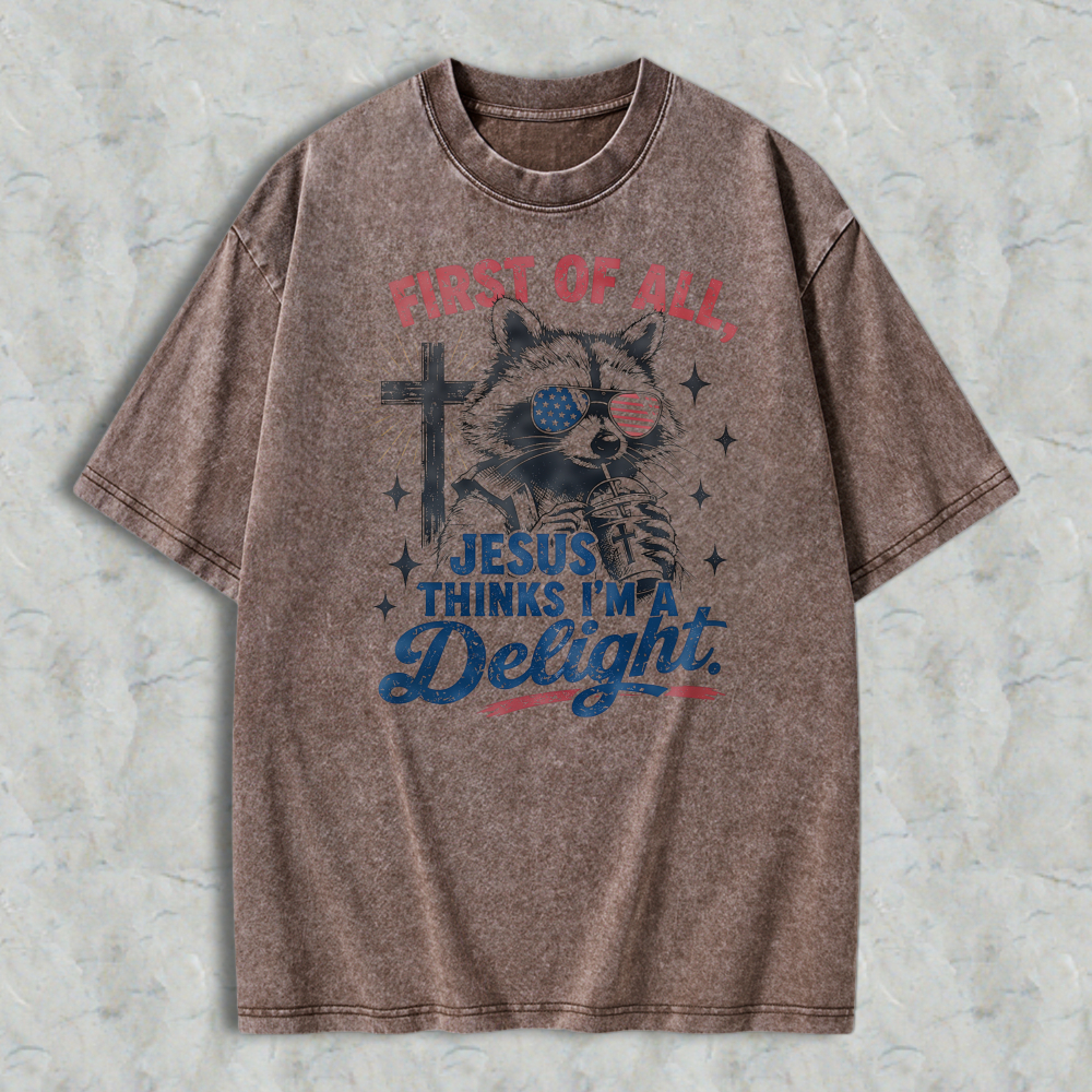 Cat With American Flag Eyes And Cross First Of All Jesus Thinks I M Delight Washed T-shirt