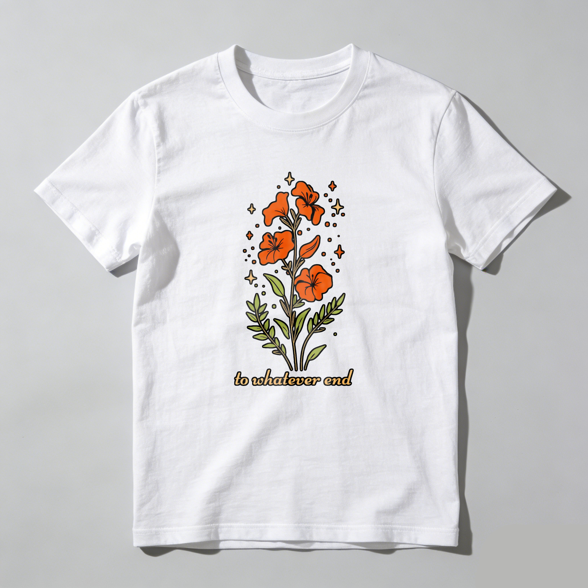 Wardrobecart Orange Flowers With Green Leaves And Stars tshirt