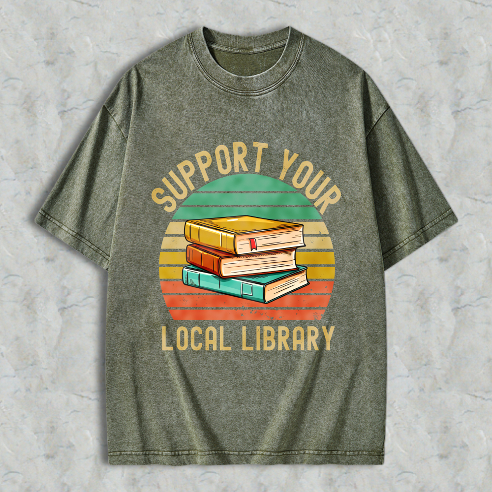 Wardrobecart Support Your Local Library Books Stack Vintage Design Unisex Washed T-shirt