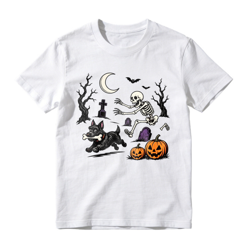 Halloween Skeleton Running With Black Dog And Pumpkins Graveyard Scene, Unisex Classic T-shirt