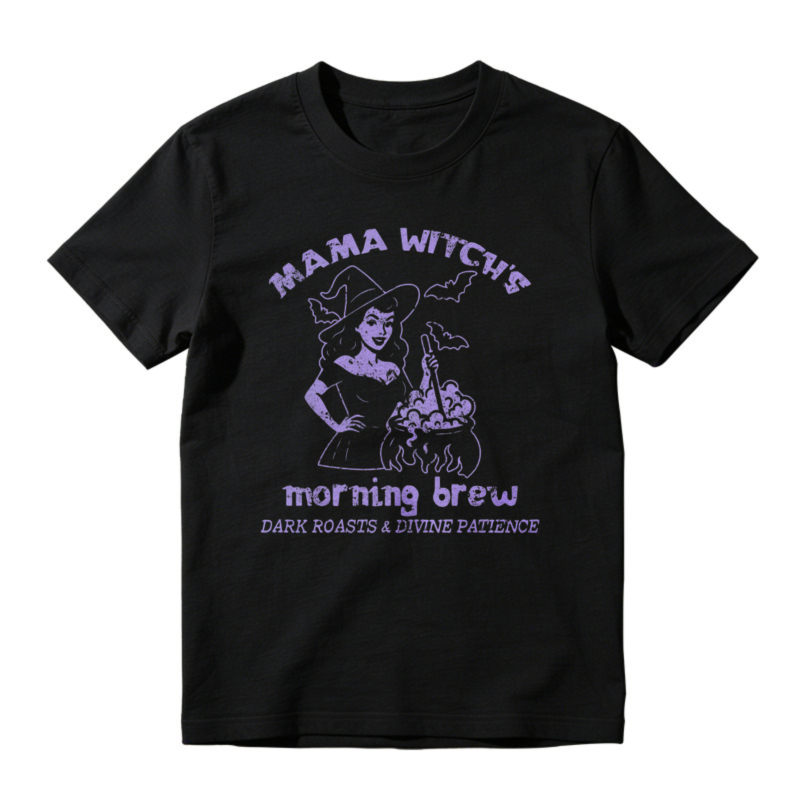 Mama Witch Morning Brew Dark Roasts And Divine Patience Halloween Witch Cauldron Graphic T-shirt