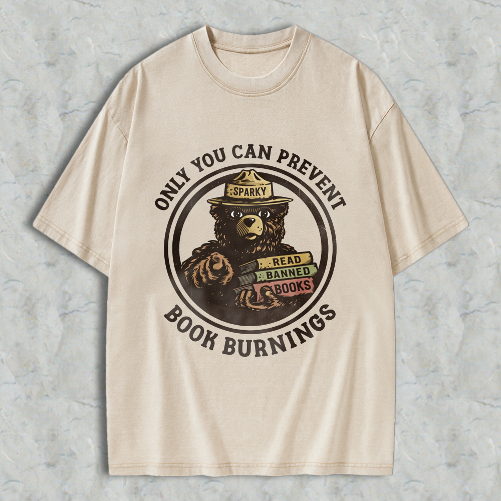 Wardrobecart Bear Reading Banned Books Sparky Ranger Hat Only You Can Prevent Book Burning Unisex Washed T-shirt