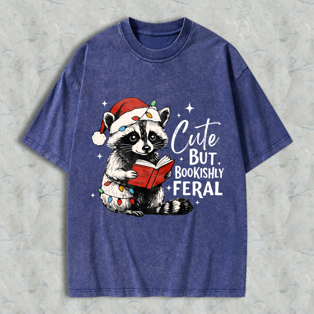 Wardrobecart Cute But Bookishly Feral Raccoon Reading Christmas Book Unisex Washed T-shirt