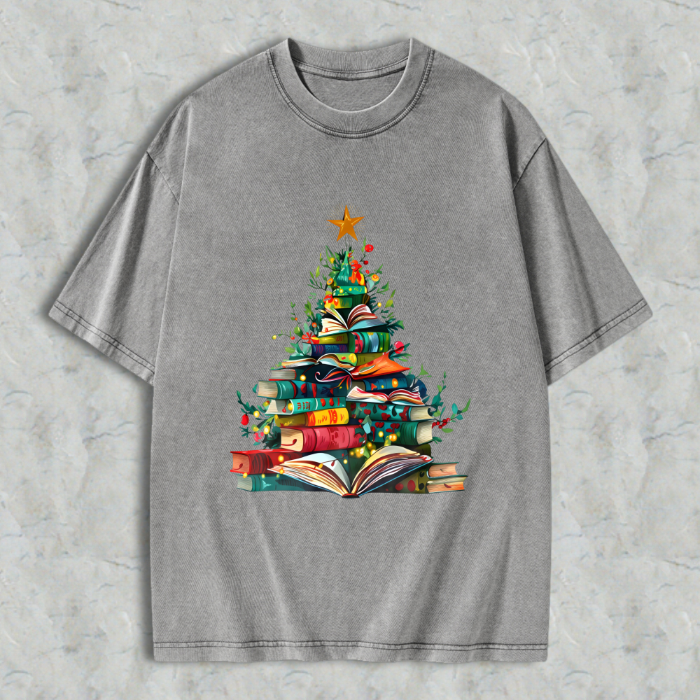 Wardrobecart Book Christmas Tree Design Unisex Washed T-shirt