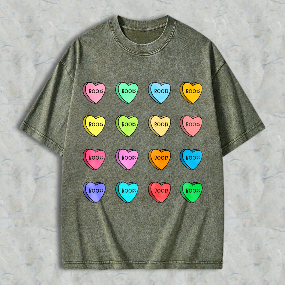 Wardrobecart Colorful Heart Candy Pattern With Book Text Unisex Washed T-shirt