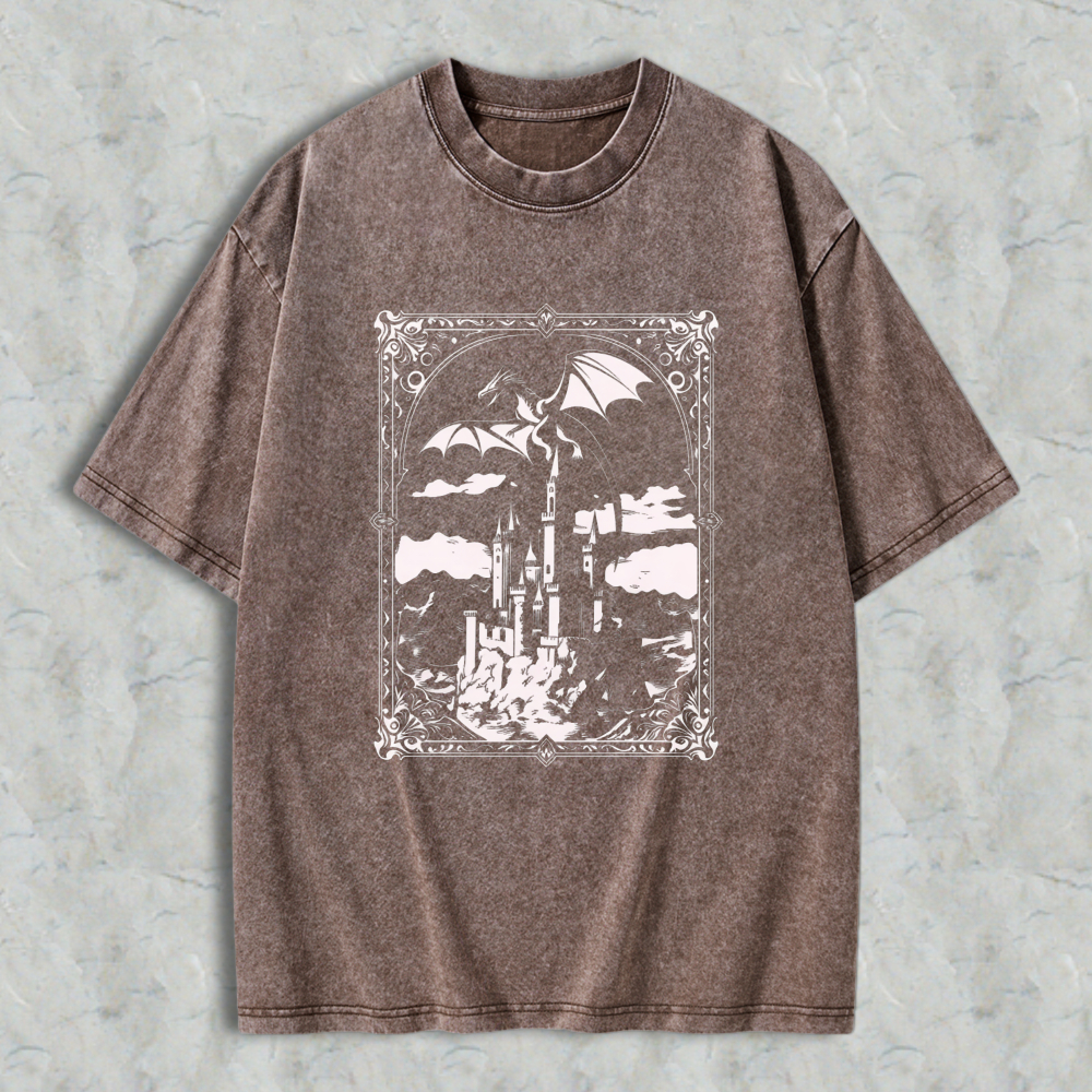 Wardrobecart Fantasy Castle Dragon Sky Scene Unisex Washed T-shirt