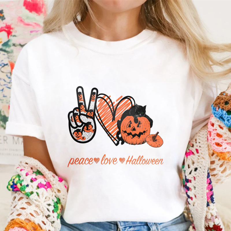 Peace Love Halloween Pumpkin Cat Heart Hand Sign Unisex Classic T-shirt