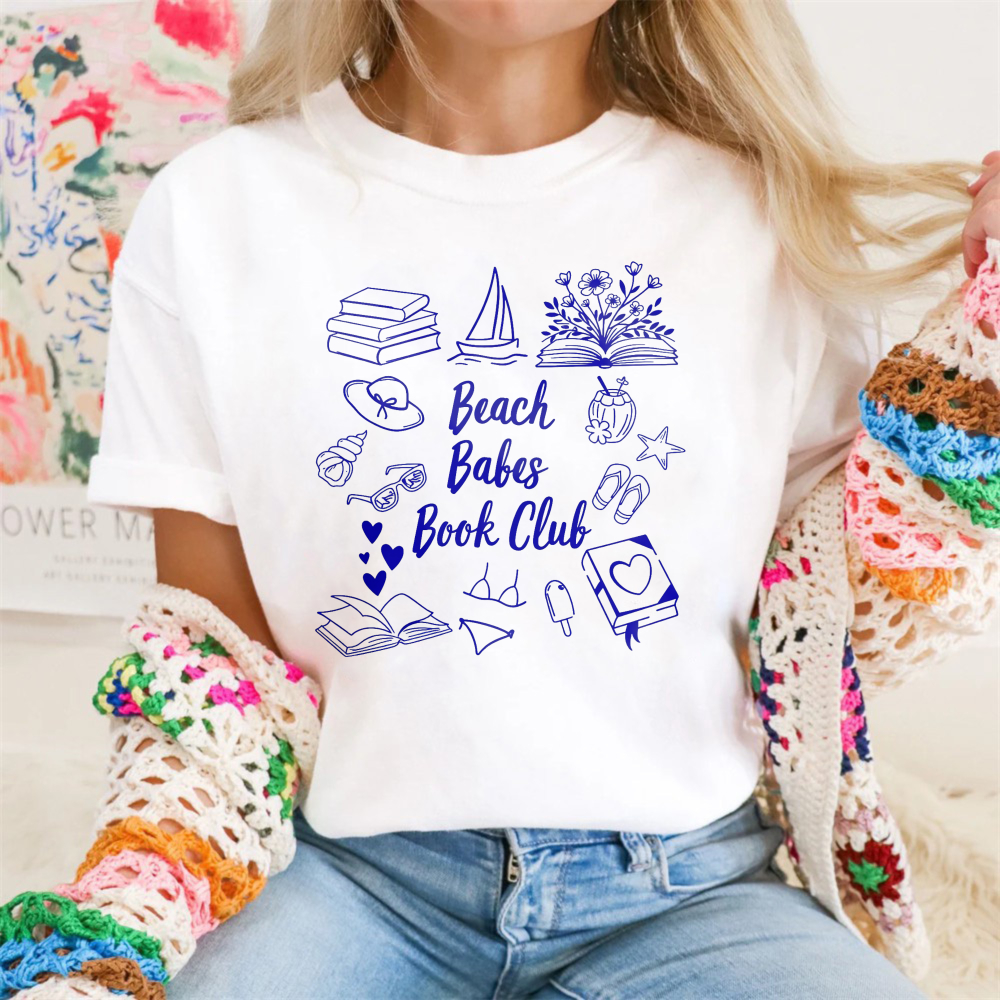 Wardrobecart Beach Babes Book Club Theme With Books And Beach Icons Tshirt 100% cotton