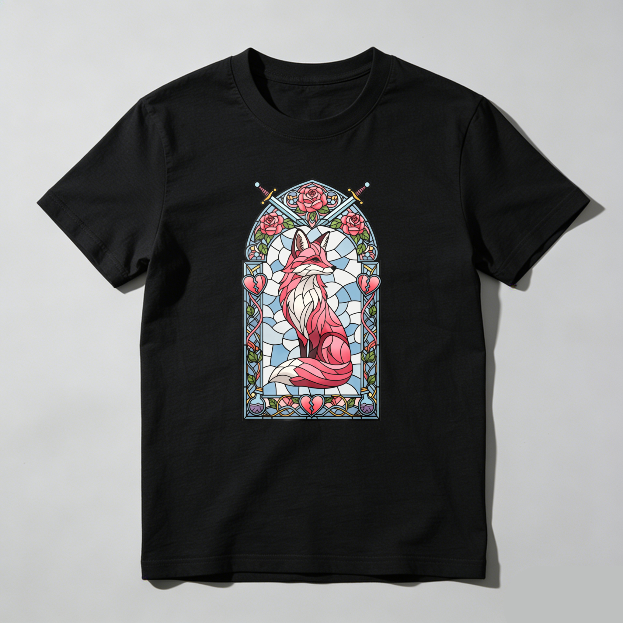 Wardrobecart Stained Glass Fox With Roses And Heart Tshirt