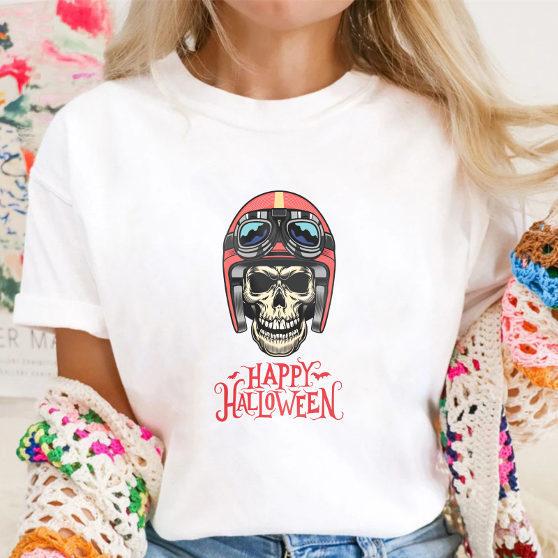 Skull Wearing Red Motorcycle Helmet With Goggles And Happy Halloween Text Unisex Classic T Shirt