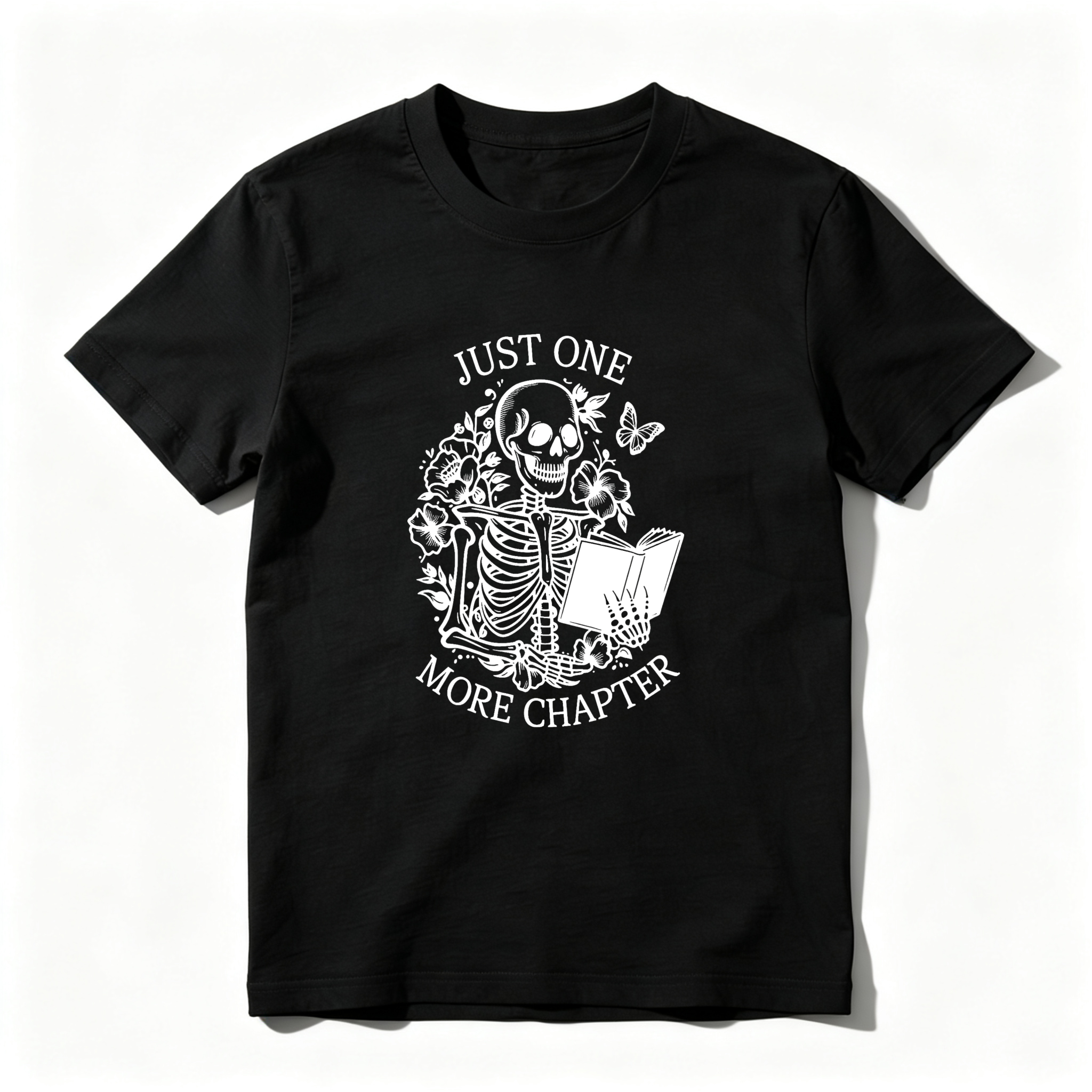 Wardrobecart Skeleton Reading Book With Flowers And Butterfly Tshirt