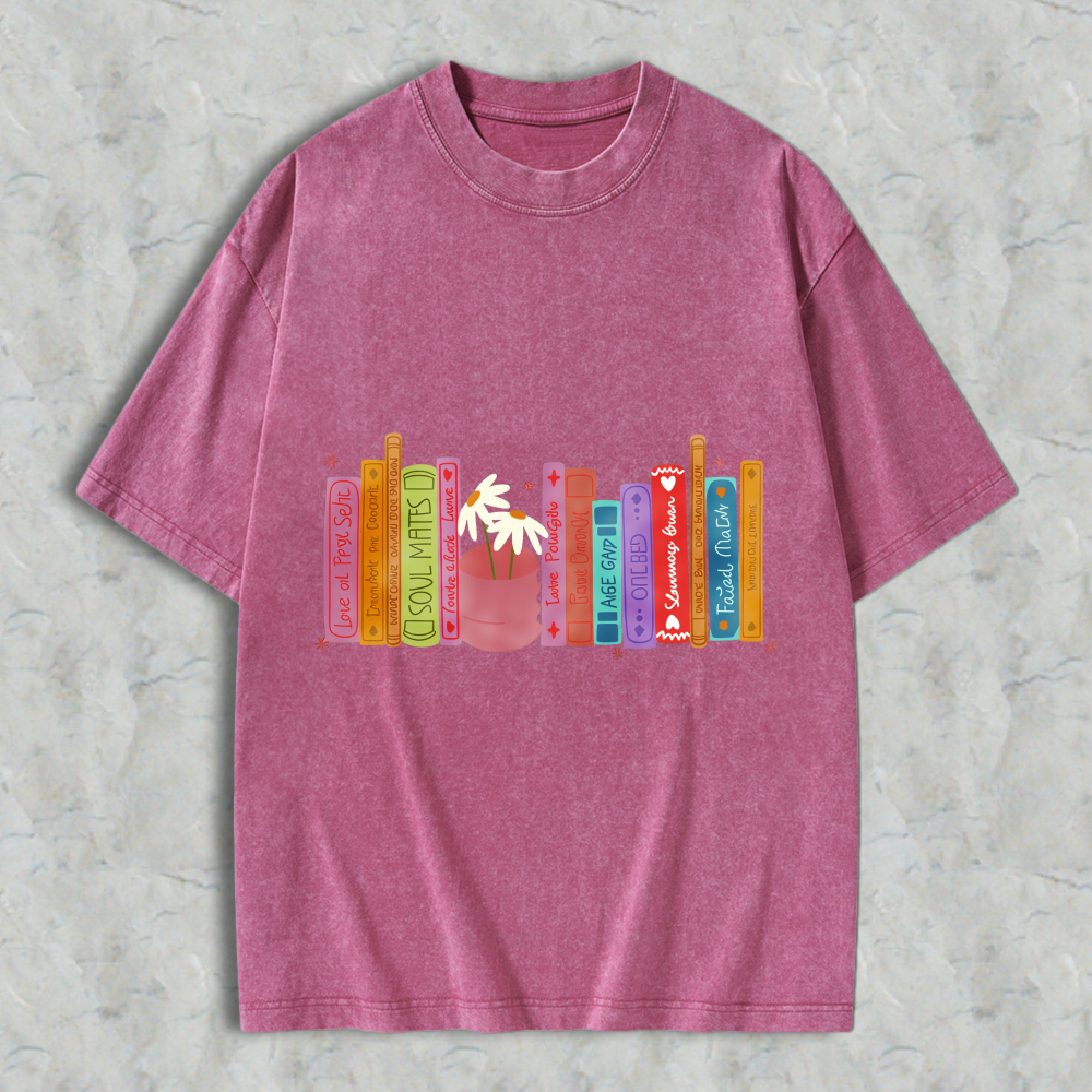 Wardrobecart Bookshelf With Palm Tree And Colorful Books Unisex Washed T-shirt