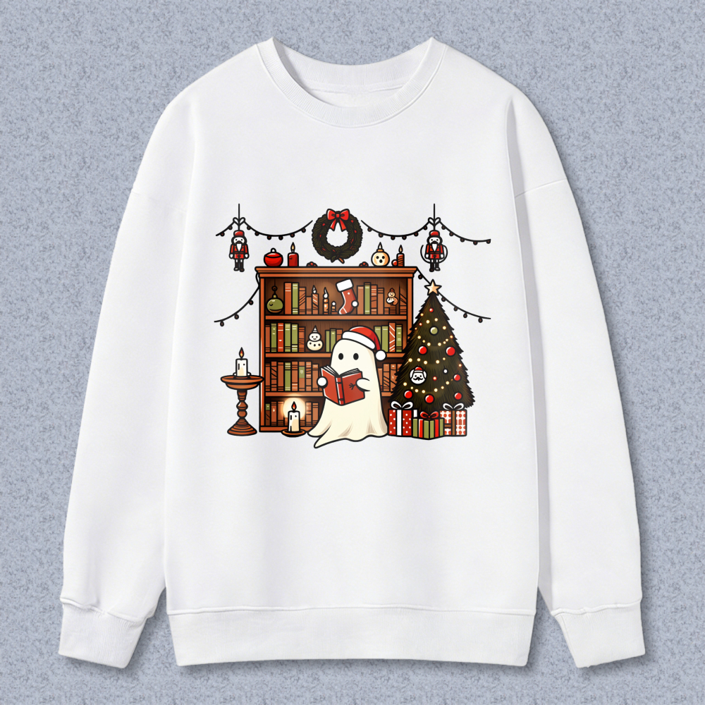 Wardrobecart Ghost Reading Book Christmas Tree Bookshelf Holiday Decor Unisex Classic Sweatshirt