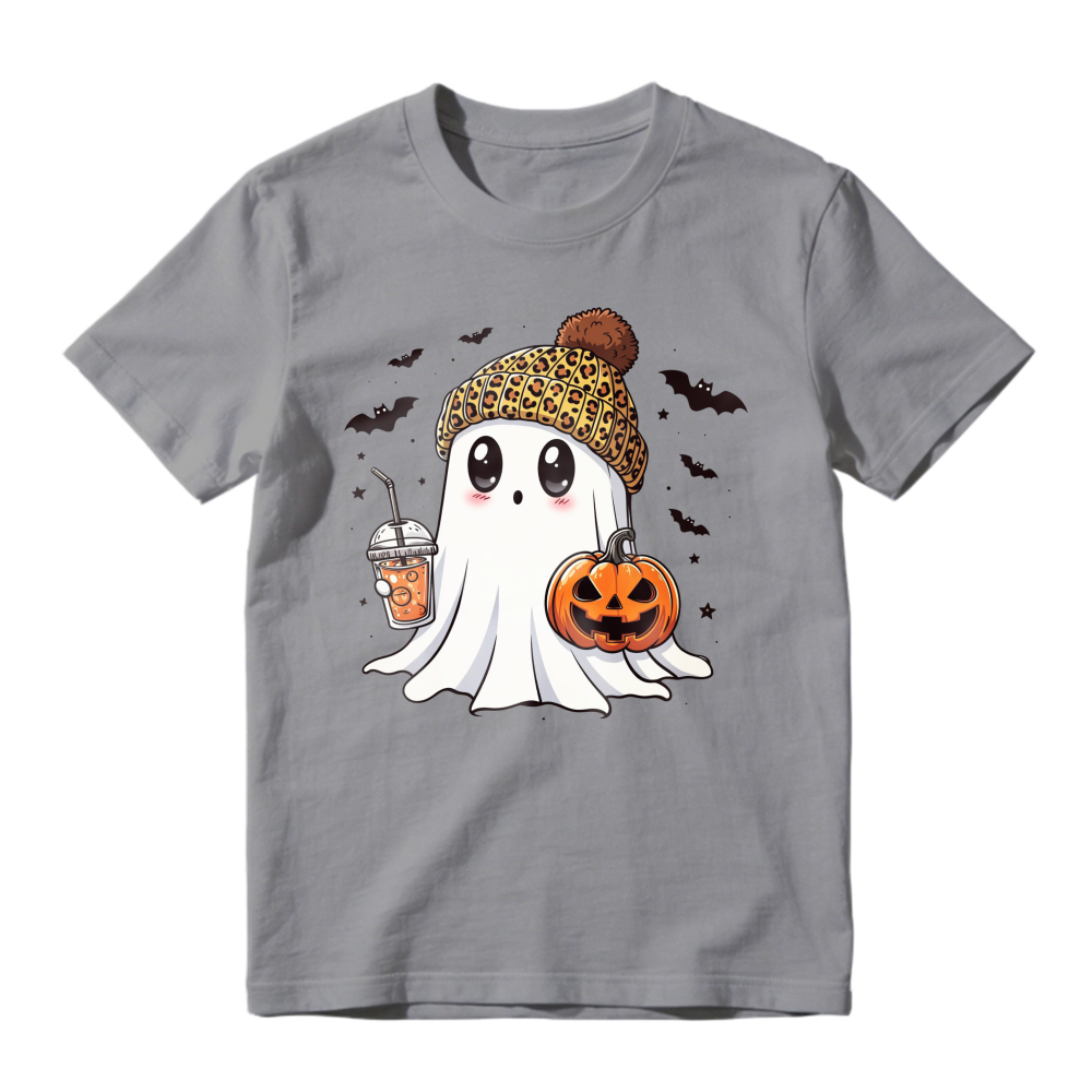 Cute Ghost Wearing Leopard Beanie Holding Pumpkin And Drink Unisex Classic T-shirt