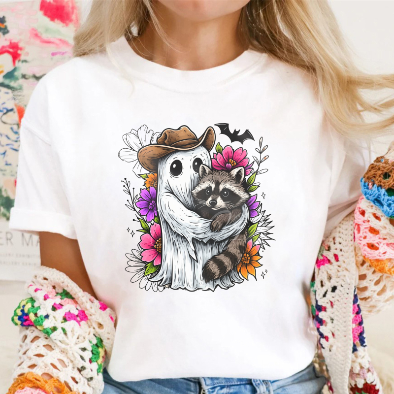Cute Ghost Wearing Cowboy Hat Hugging Raccoon With Colorful Flowers And Bat, Unisex Classic T-shirt