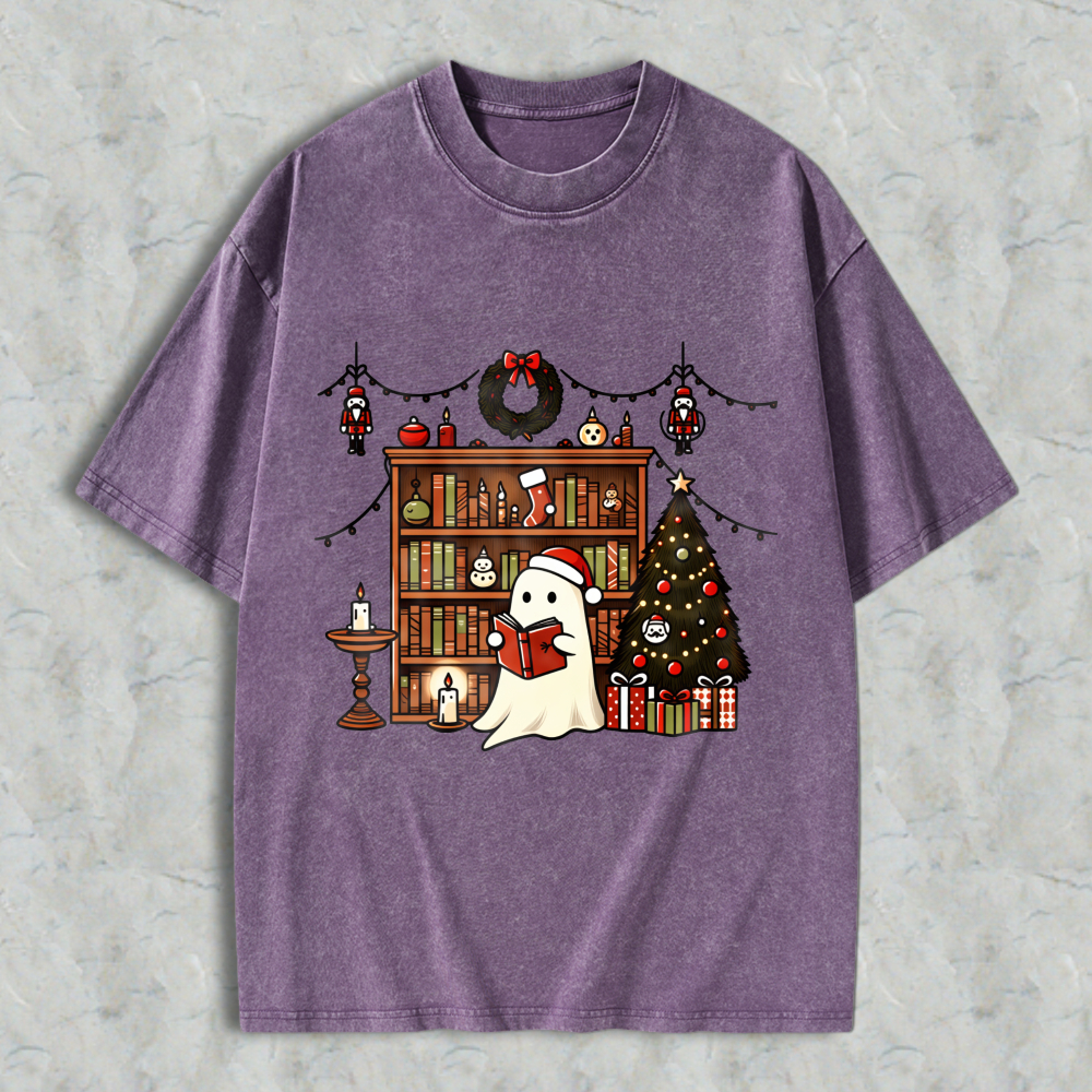 Wardrobecart Ghost Reading Book Christmas Tree Bookshelf Decor Unisex Washed T-shirt