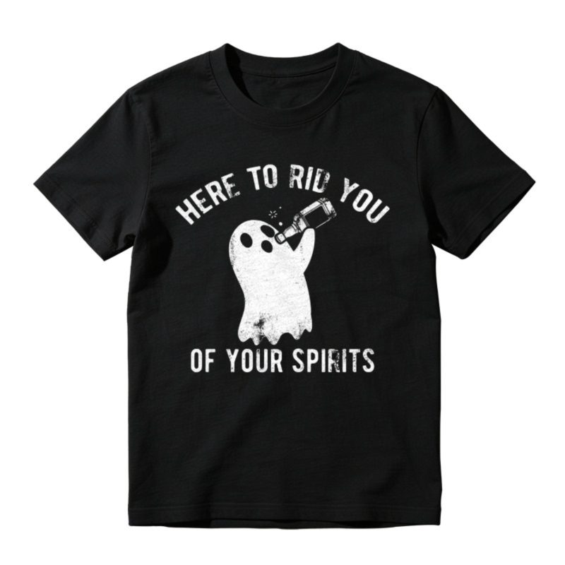 Here To Rid You Of Your Spirits Funny Ghost Drinking Bottle Halloween Graphic T-shirt