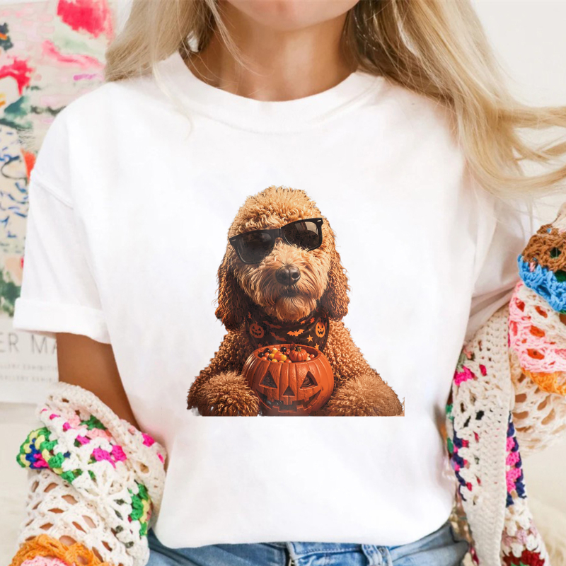 Funny Halloween Poodle With Sunglasses And Pumpkin, Unisex Classic T-shirt