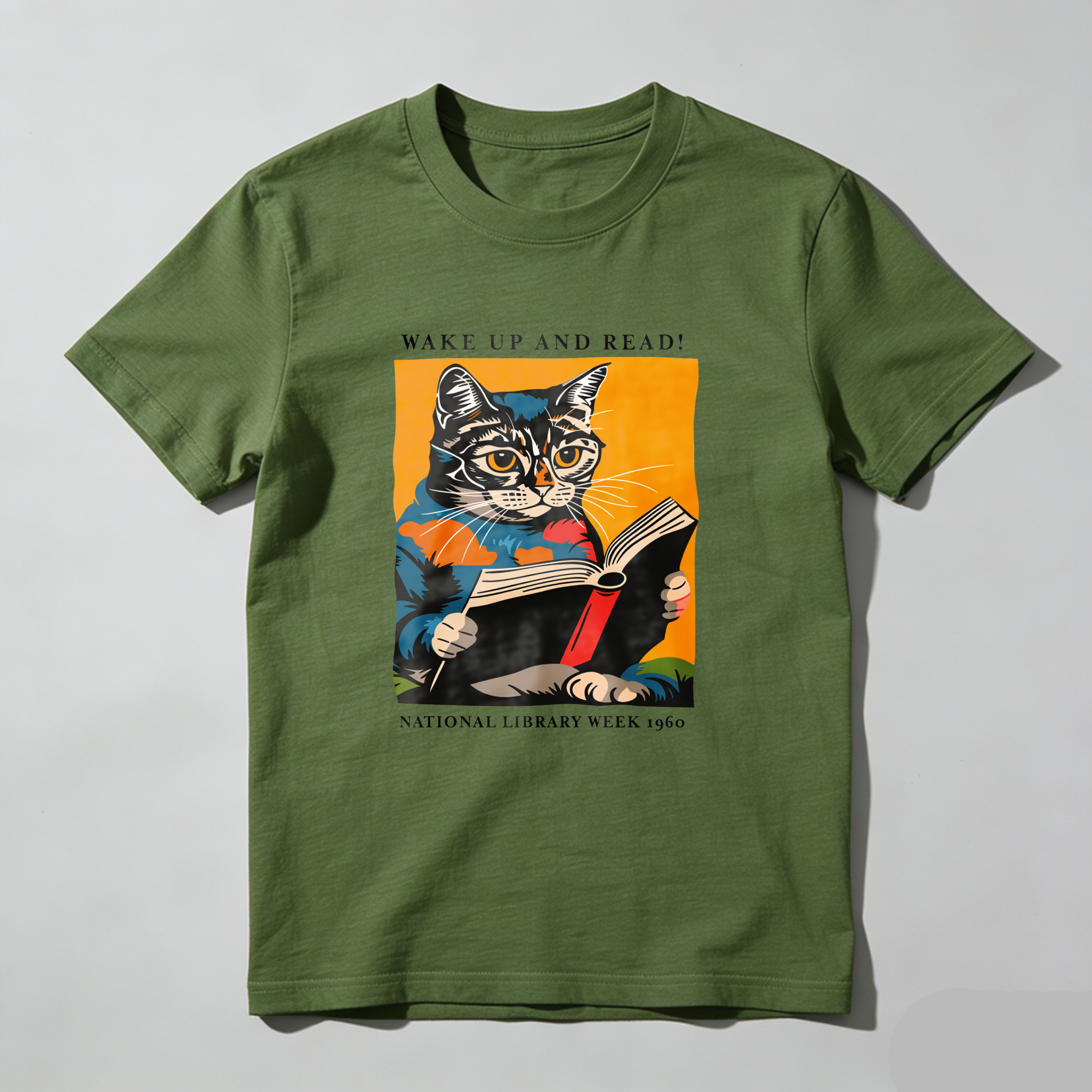 Wardrobecart Cat Reading Book With Text Wake Up And Read National Library Week 1960 Tshirt 100% cotton