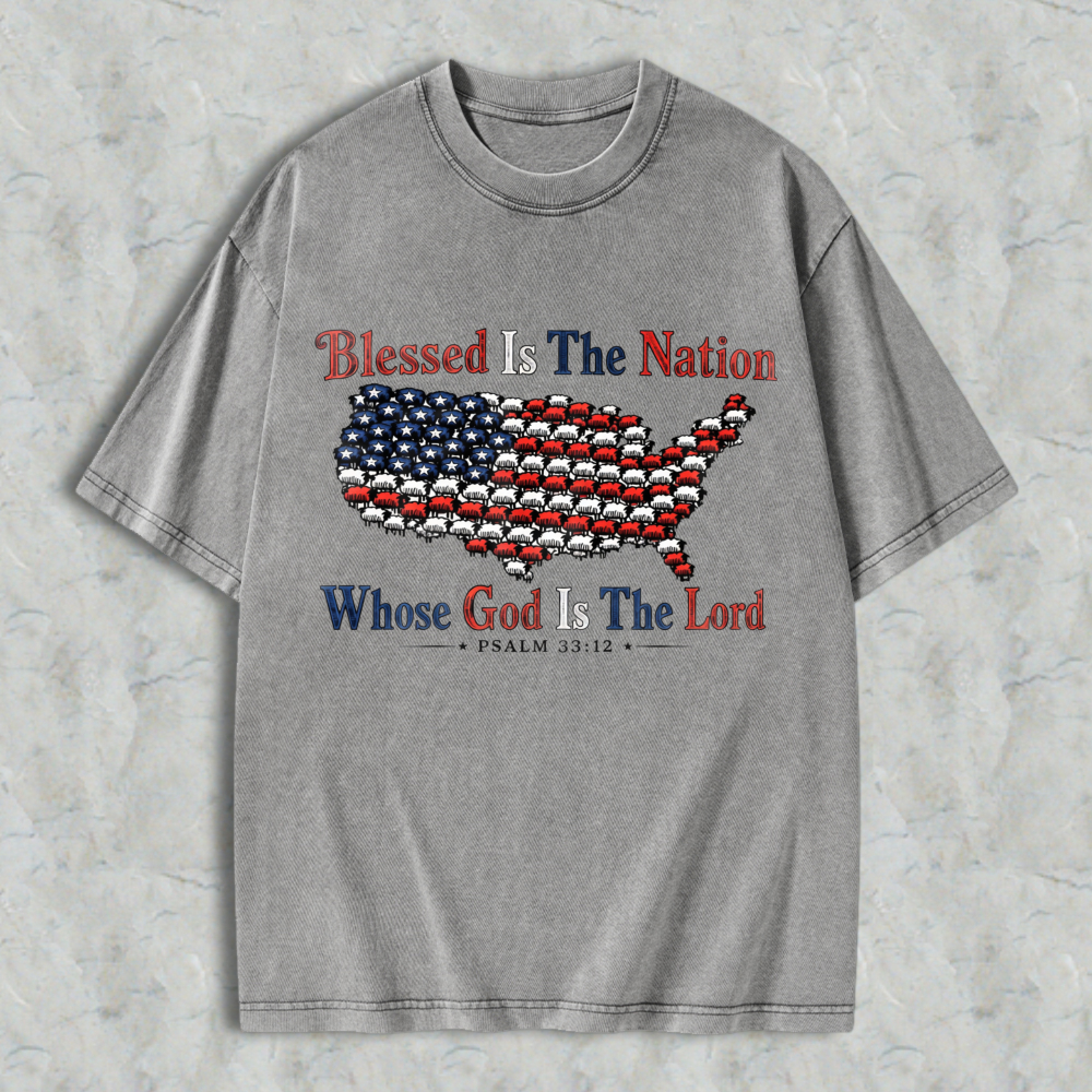 Blessed Is The Nation Whose God Is The Lord American Flag Map Design Washed T-shirt