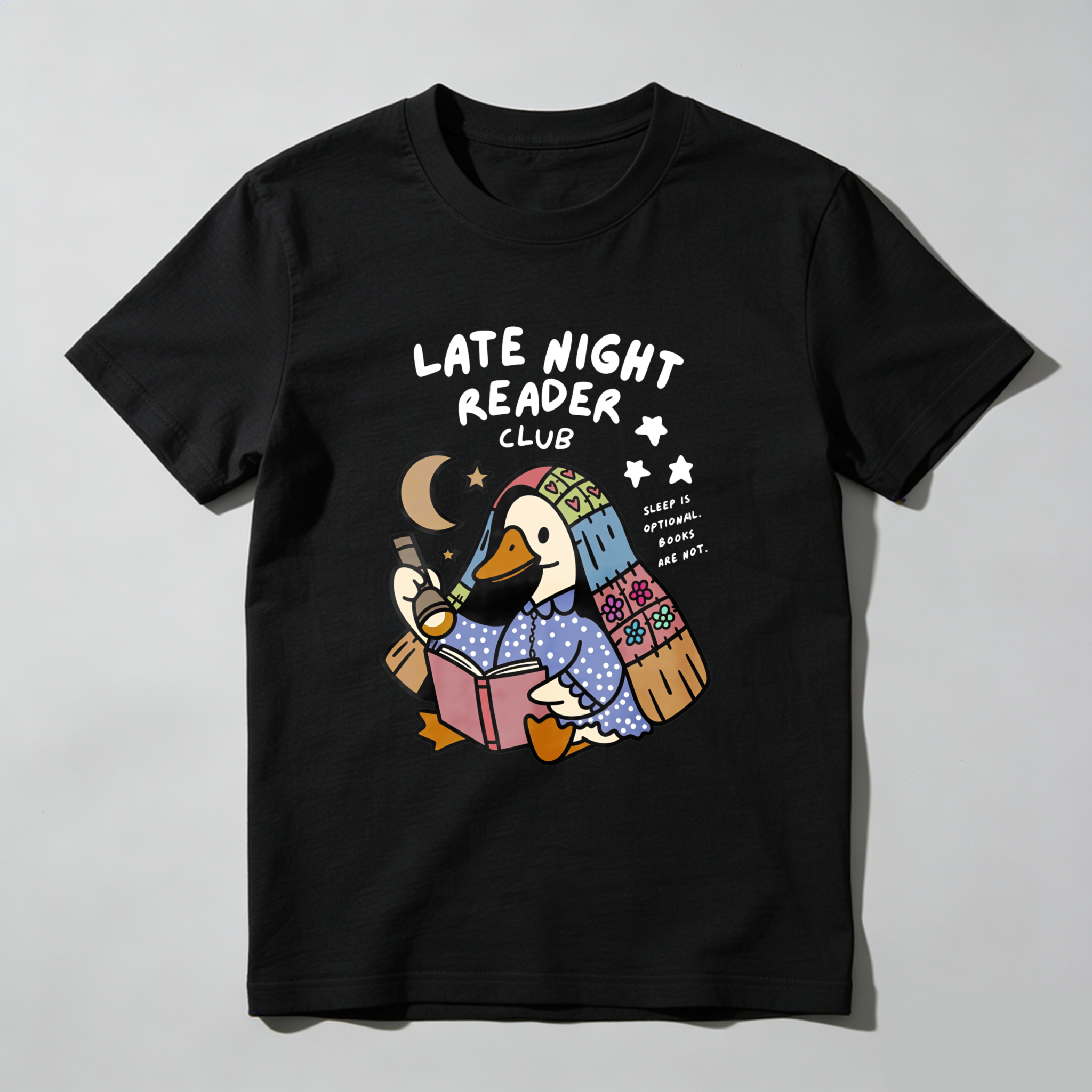Wardrobecart Late Night Reader Club Duck Reading Book Tshirt