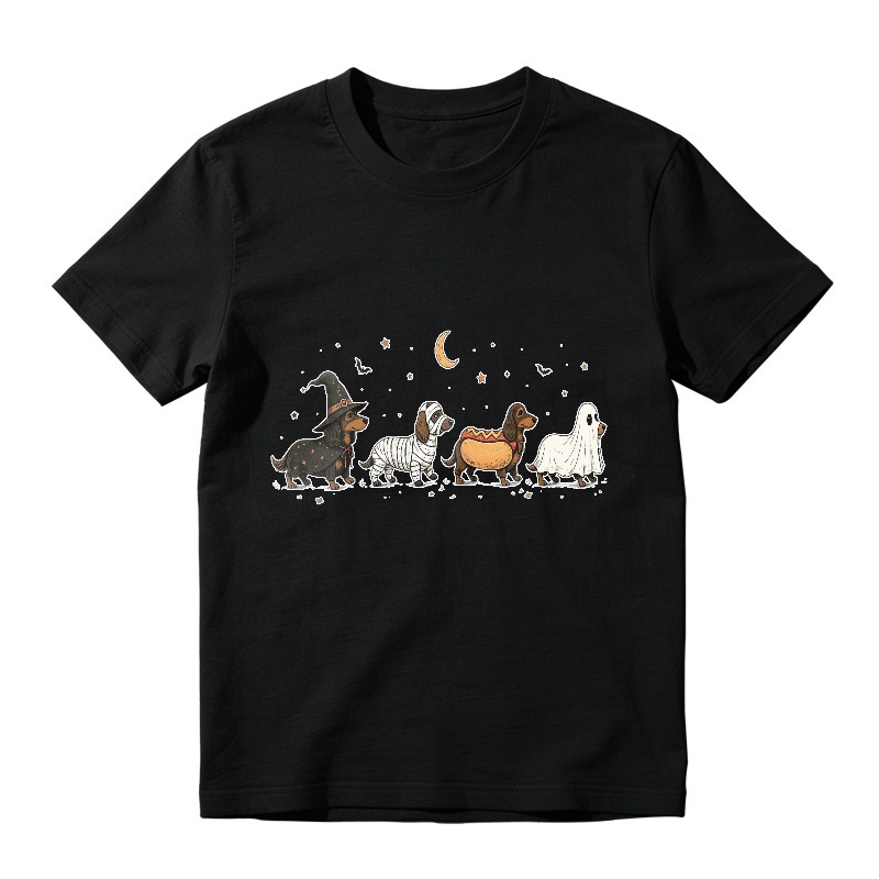 Halloween Dachshund Dogs In Witch Mummy Hotdog Ghost Costumes Under Moon And Stars, Unisex Classic T-shirt