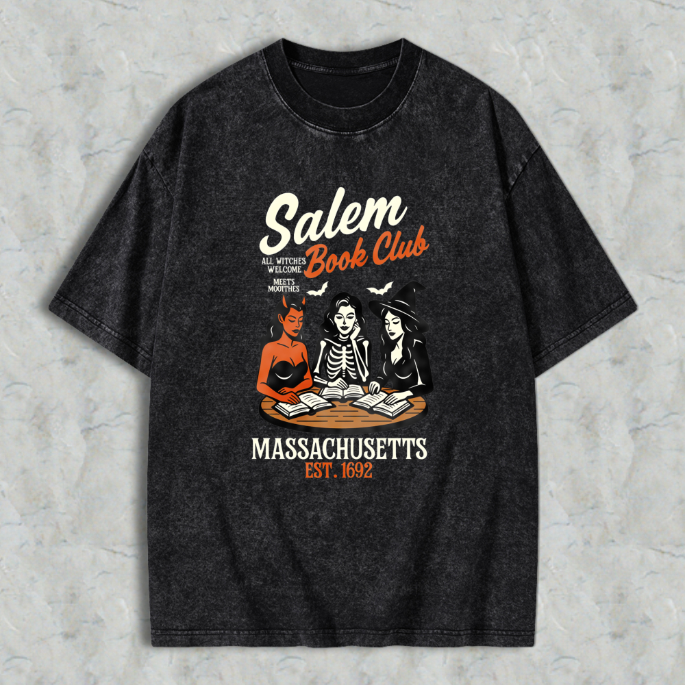 Wardrobecart Salem Book Club Massachusetts Est 1692 Witch Reading Books Vintage Horror Theme Unisex Washed T-shirt